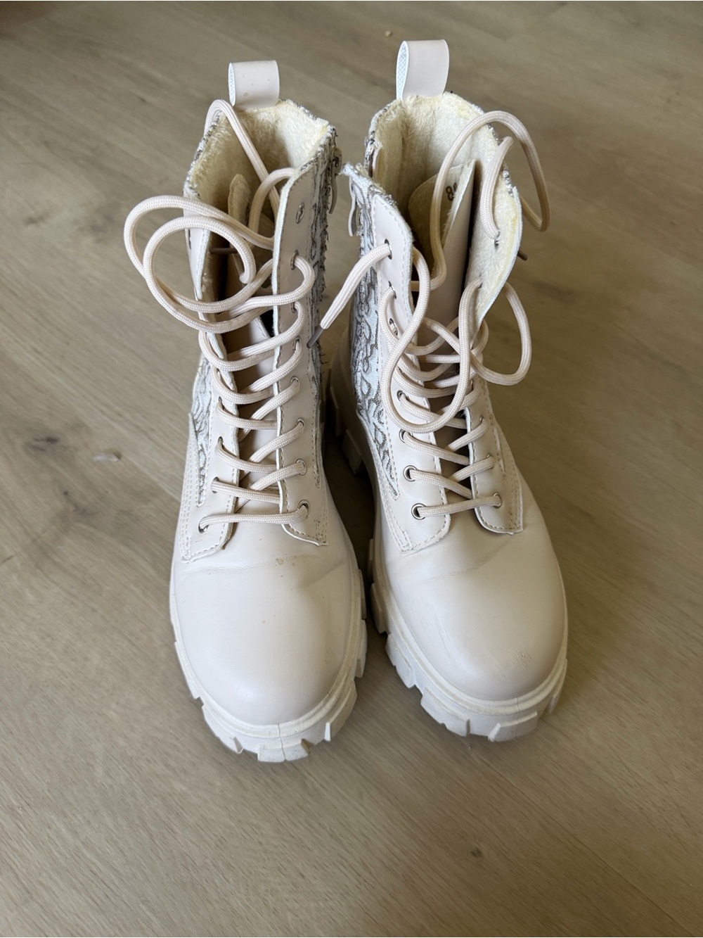 Chunky Lace-Up Ankle Boots in Cream with Monogram Detail